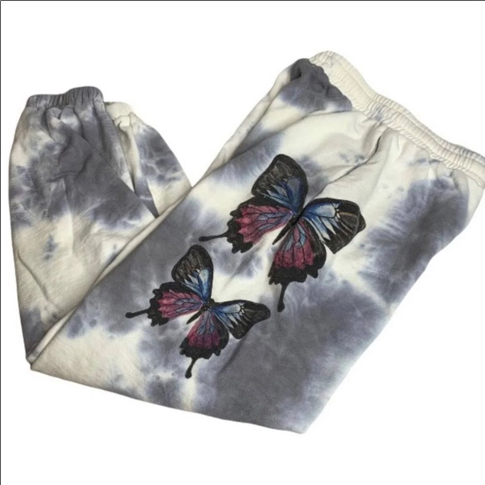 Dolls Kill The Kript Grey Holly Butterfly Graphic Tie Dye Jogger Pants [Small]